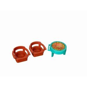 Vintage Fisher Price Little People Backyard BBQ Grill & Two Brown Captain Chairs